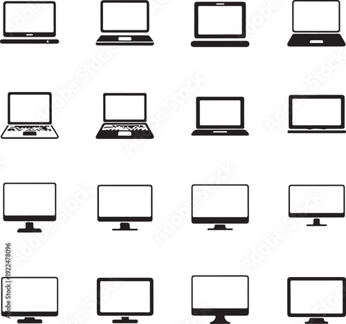 Simple laptop and desktop line and silhouette icon set