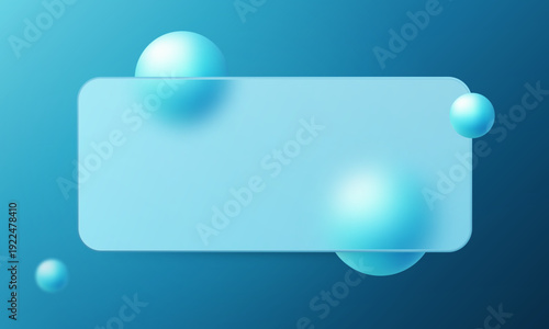 Abstract background with a translucent rounded rectangular banner and turquoise gradient spheres. Banner template in the glassmorphism style.