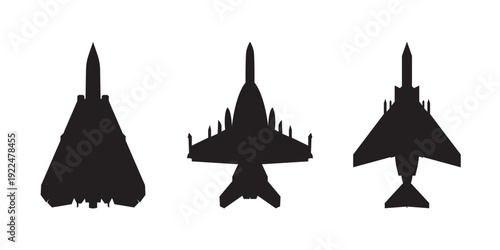 Fighter jet silhouette three quarter view. Dynamic angled jet icon for motion themed artwork, squadron emblems, promotional banners, aircraft modeling guides, and stickers.