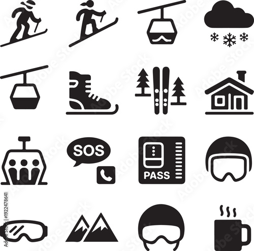 Ski resort icons black silhouettes