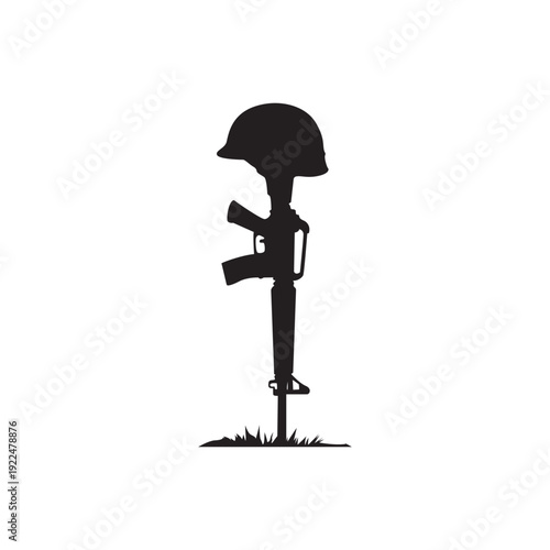 Battlefield cross silhouette. Helmet on rifle memorial placed on ground, great for Veterans Day art, remembrance posters, and memorial badges.