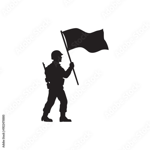 Soldier with flag silhouette. Proud soldier holding a flag and rifle, suited for patriotism themes, military events, and hero tribute designs.