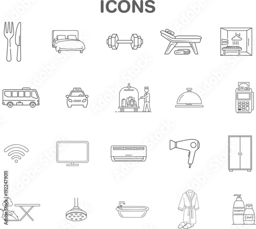 Collection of thin line icons representing various hotel amenities, travel services, and guest room facilities Editable stroke. Vector illustration