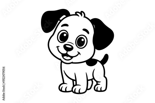 A cute cartoon dog with big eyes and floppy ears in a black and white vector illustration