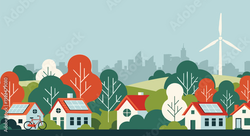 Eco-friendly neighborhood vector illustration with houses, solar panels, trees, and wind turbine.