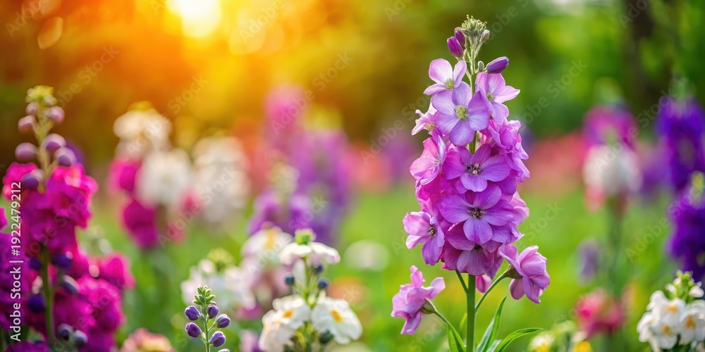 Obraz premium Matthiola incana flower in a garden amidst lush greenery and vibrant wildflowers
