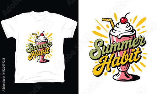 Summer habit milkshake vector illustration with cherry and cream for white tshirt printing