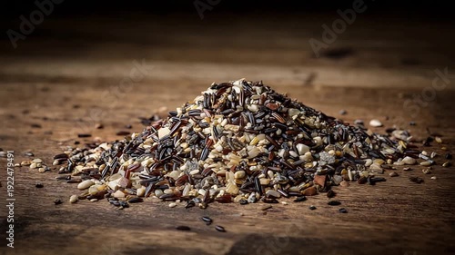 Close up of diverse organic wild rice and grain blend piled on rustic wooden table.
