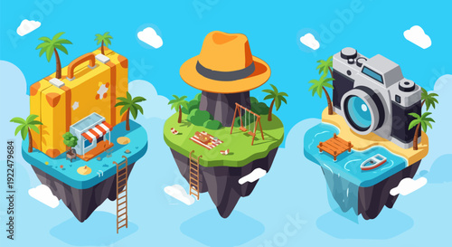 Travel and tourism isometric floating islands vector collection. Includes suitcase, camera, and beach vacation elements. Created in cartoon style with a blue and yellow color palette.