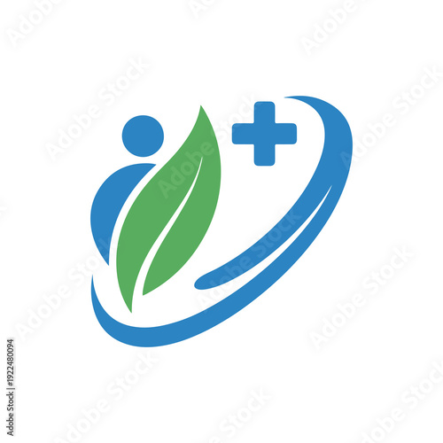Abstract human figure with green leaf and blue medical cross symbolizes healthcare