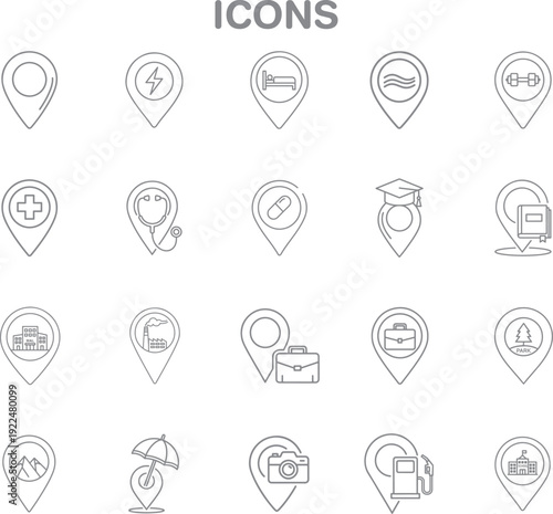 Collection of outline vector location pin icons, illustrating diverse services like medical, travel, business, Editable stroke. Vector illustration