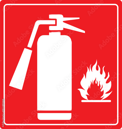 Fire extinguisher safety sign with red background and white flame symbol