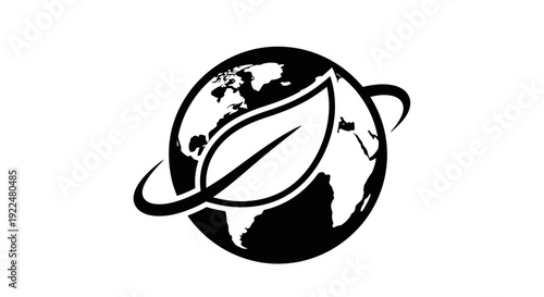 Black and white illustration of the Earth with a leaf encircling it.