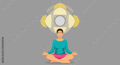 Woman meditating in lotus pose with abstract geometric spiritual symbol above her head, on a gray background. Vector illustration.