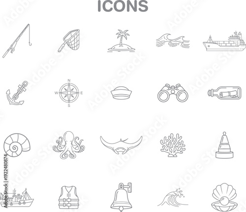 Nautical and Marine Themed Outline Vector Icons Collection for Sea Travel, Fishing, and Ocean Adventure Designs . A Set of Line Art Symbols for Web and Print