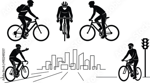 Multiple silhouettes of people riding bicycles through an urban landscape illustrating city transport