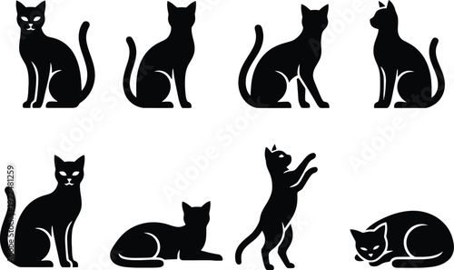 Diverse set of black cat silhouettes captured in dynamic and graceful feline poses