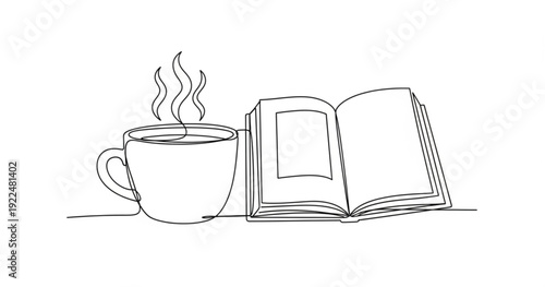 Minimalist coffee mug and open book one line drawing, hygge lifestyle.