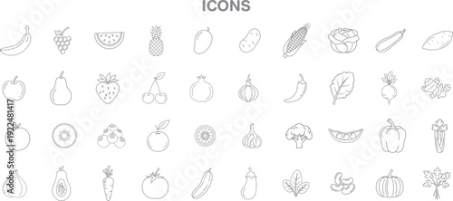 Vast collection of simple line art icons featuring a diverse range of fresh fruits and vegetables. and more. Editable stroke. Vector illustration