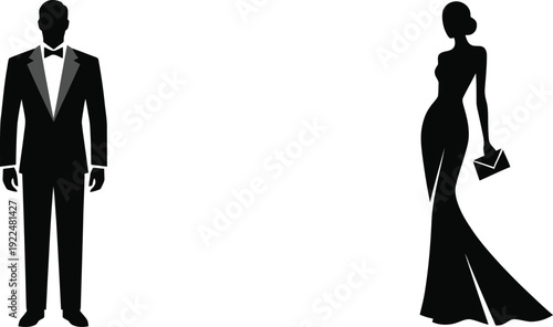 Elegant silhouettes of a man in a tuxedo and a woman in a long gown ready for a formal event