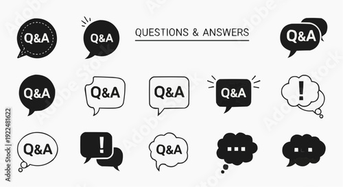 Questions and Answers (Q&A) Speech Bubble Icon Set for FAQ and Support
