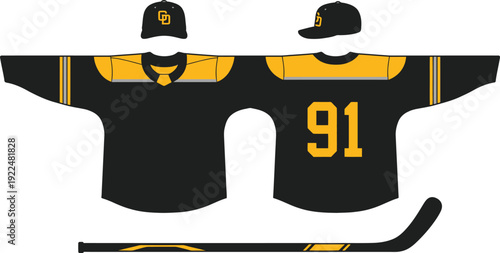 Professional ice hockey uniform design featuring a black and gold jersey with a matching cap and stick