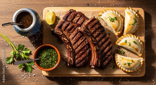 Grilled Steak and Empanadas on Cutting Board.
