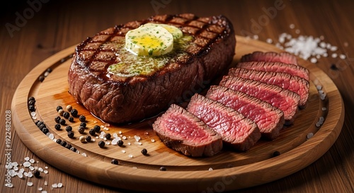 Grilled Steak with Butter on Wooden Board.