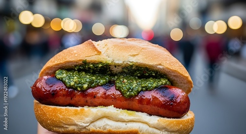 Grilled Sausage Sandwich with Green Pesto.
