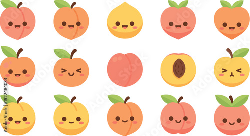 Cute peach fruit cartoon icon set flat vector collection of adorable peach characters isolated on light background