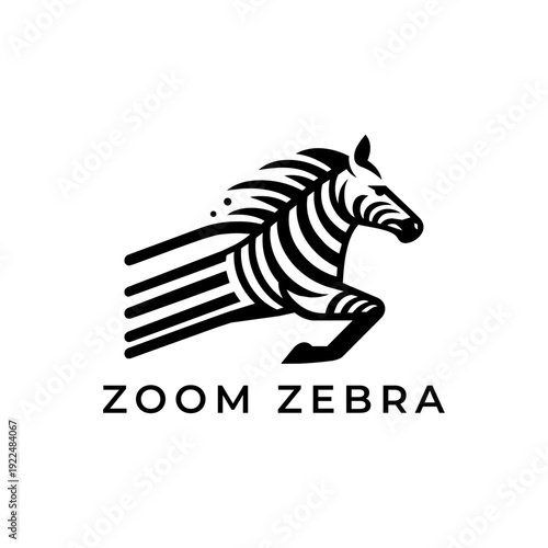 Modern black and white running zebra logo with abstract speed lines isolated on plain background for zoom brand identity fast wild animal corporate business concept