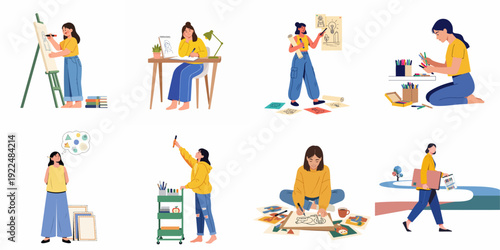 Illustrations of a creative woman drawing, painting, and brainstorming, showcasing artistic talent, development, and a passion for art.