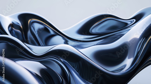 A mesmerizing display of flowing, metallic waves in a gradient of dark blue and black, evoking a sense of fluidity and motion.