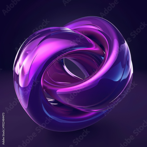 A vibrant, abstract 3D sphere with a swirling, fluid design in shades of purple and black, set against a dark background.