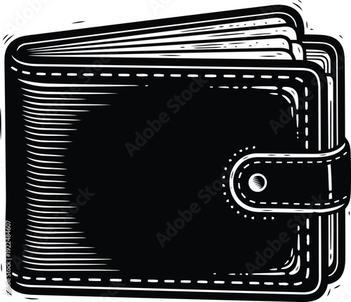 Black Leather Wallet with Stitching Detail and Snap Closure Stock Illustration