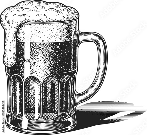 Beer Mug Overflowing Foam Frothy Refreshment Vintage Illustration