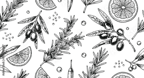 Botanical Pattern Rosemary Olives Orange Slices Sketch