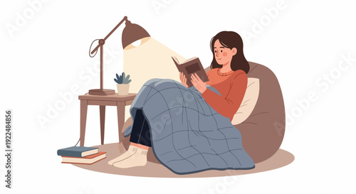 Cozy reading woman enjoying quiet evening with blanket and lamp light. Woman finds comfort in cozy reading moment, surrounded by books and warm ambiance.