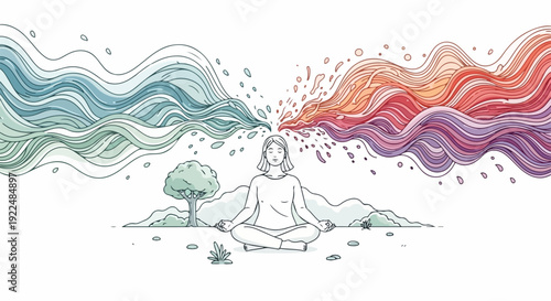 Mind balance illustration, person in lotus pose, contrasting energy streams flow from head. Mind balance includes emotional well being, mental clarity, harmony.