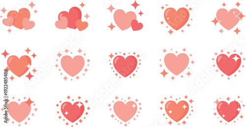 Cute sparkling heart icon set flat vector collection of romantic love symbols isolated on light background