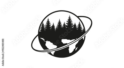Black and white illustration of Earth with trees and ring.