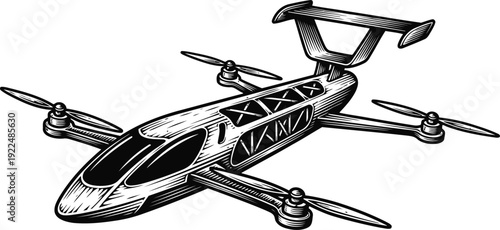 Drone Aircraft Quadcopter with Propellers and Tail Wing Black and White Etching Style