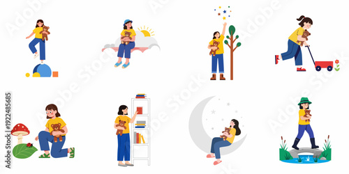 A collection of whimsical flat illustrations depicting a young girl and her beloved teddy bear engaged in various imaginative adventures and everyday childhood activities.