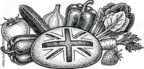 Fresh Vegetables and Fruit with Union Jack Symbol Style