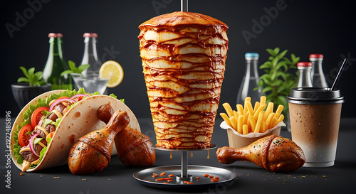 Ultra-realistic commercial food poster featuring a tall chicken shawarma spit with crispy golden texture, smaller tacos, drumsticks, fries and coffee on black chalkboard background.