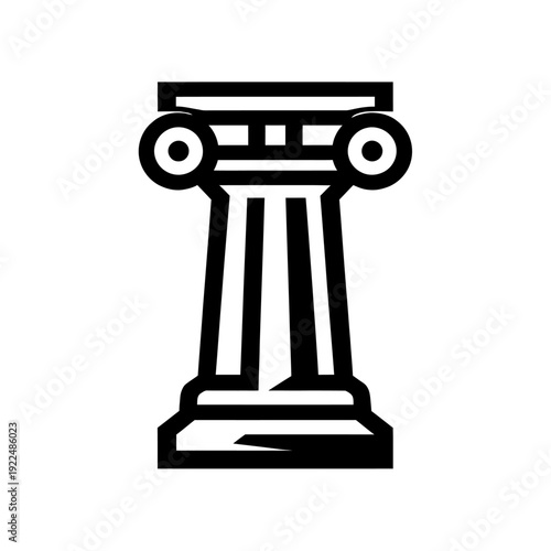Black and white line art icon of a majestic classical Ionic column, featuring characteristic volutes and a fluted shaft, representing ancient Greek and Roman architectural history, timeless design pri