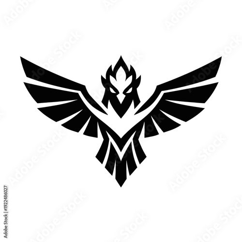 Majestic, stylized black and white geometric eagle or phoenix logo with sharp lines and a powerful, triumphant aura, perfect for esports teams, gaming brands, or any organization seeking a modern, agg