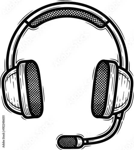 Headset with Microphone Retro Style Black and White Drawing Isolated