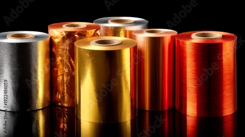 Bright and colorful rolls of shiny foil displayed on a black background showcasing various colors and textures for creative projects