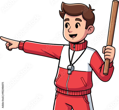 Cartoon coach or teacher character pointing with whistle